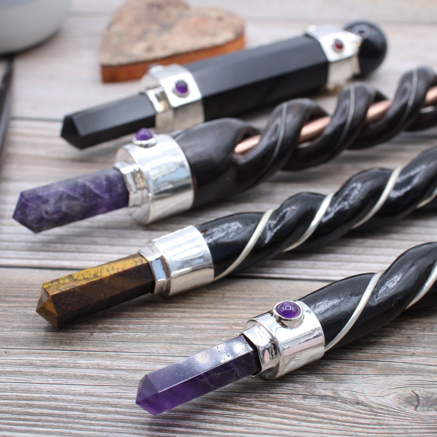 Spiralschnitzender Heilstab - Amethyst-Kupferrohr