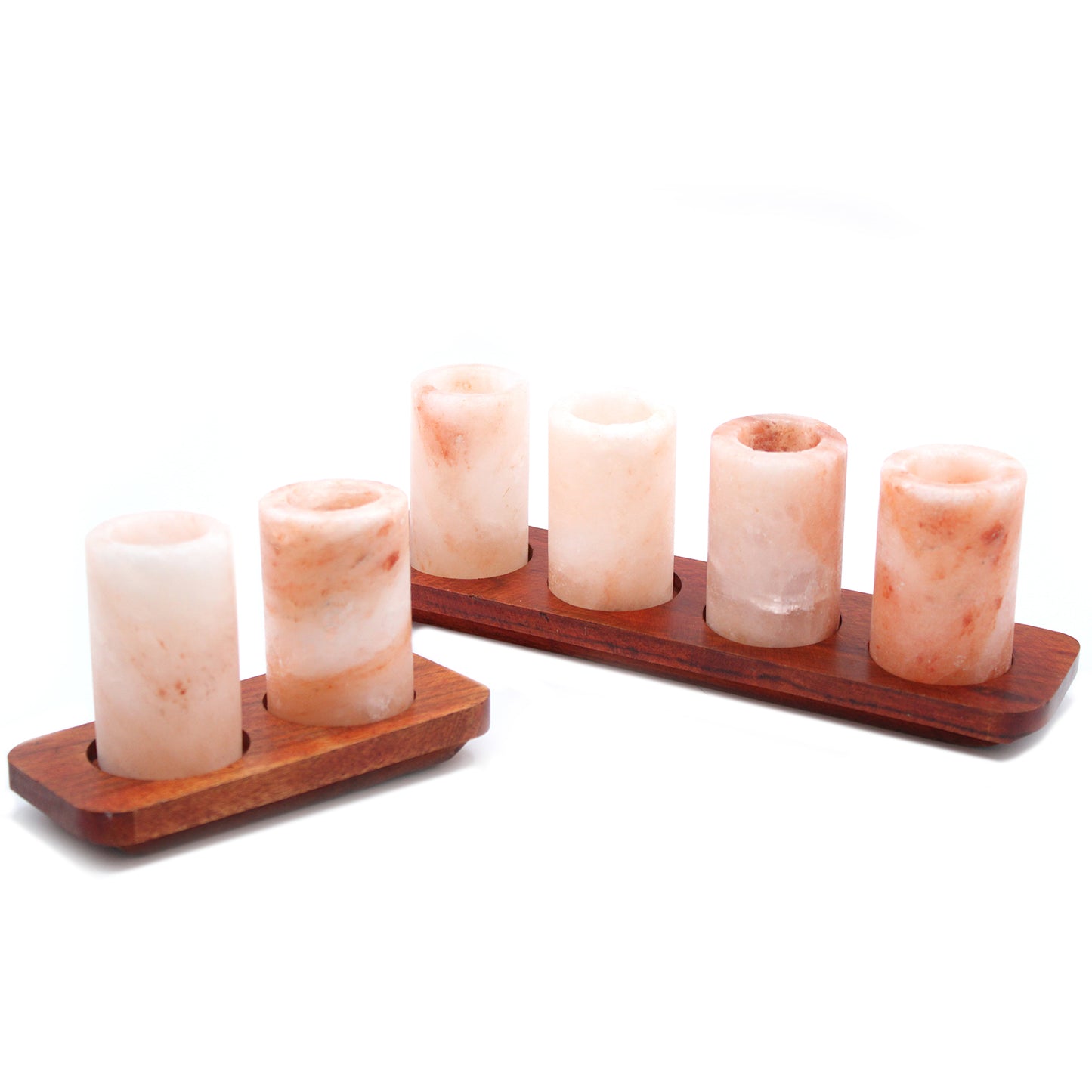 Juego de 2 vasos de chupito de sal del Himalaya y soporte de madera para servir