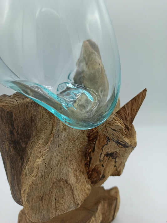 Geschmolzenes Glas auf Holz mit Ständer - Mittlere Schale