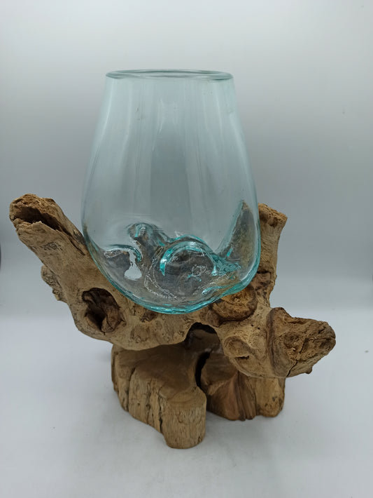 Geschmolzenes Glas auf Holz mit Ständer - Große Schale