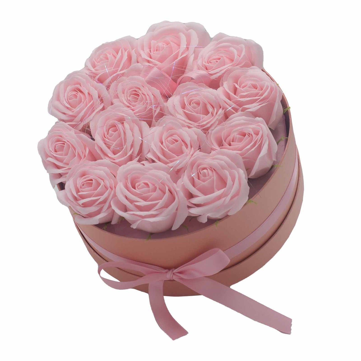 Geschenkbox - Seifenblume 14 rosa Rosen - rund