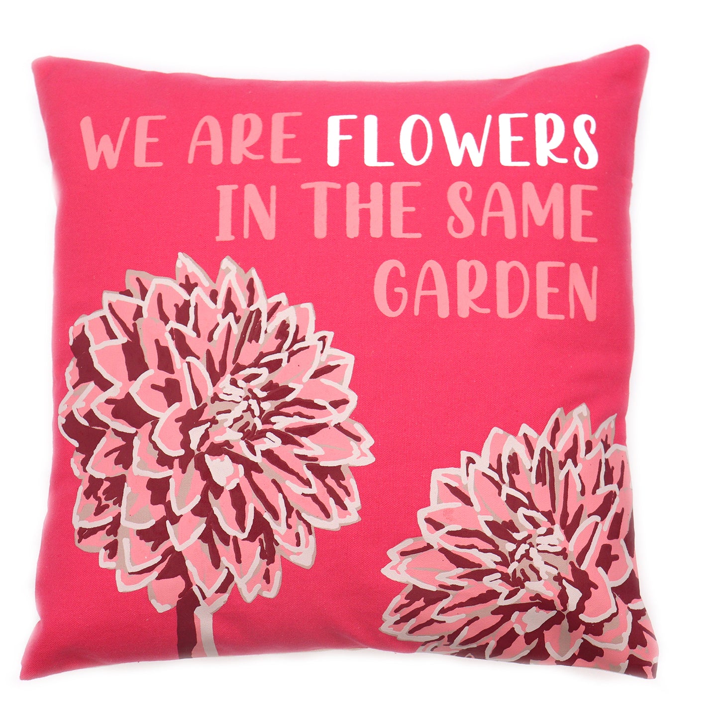 Bedruckter Kissenbezug aus Baumwolle – We Are Flowers – Olivgrün, Rosa und Natur