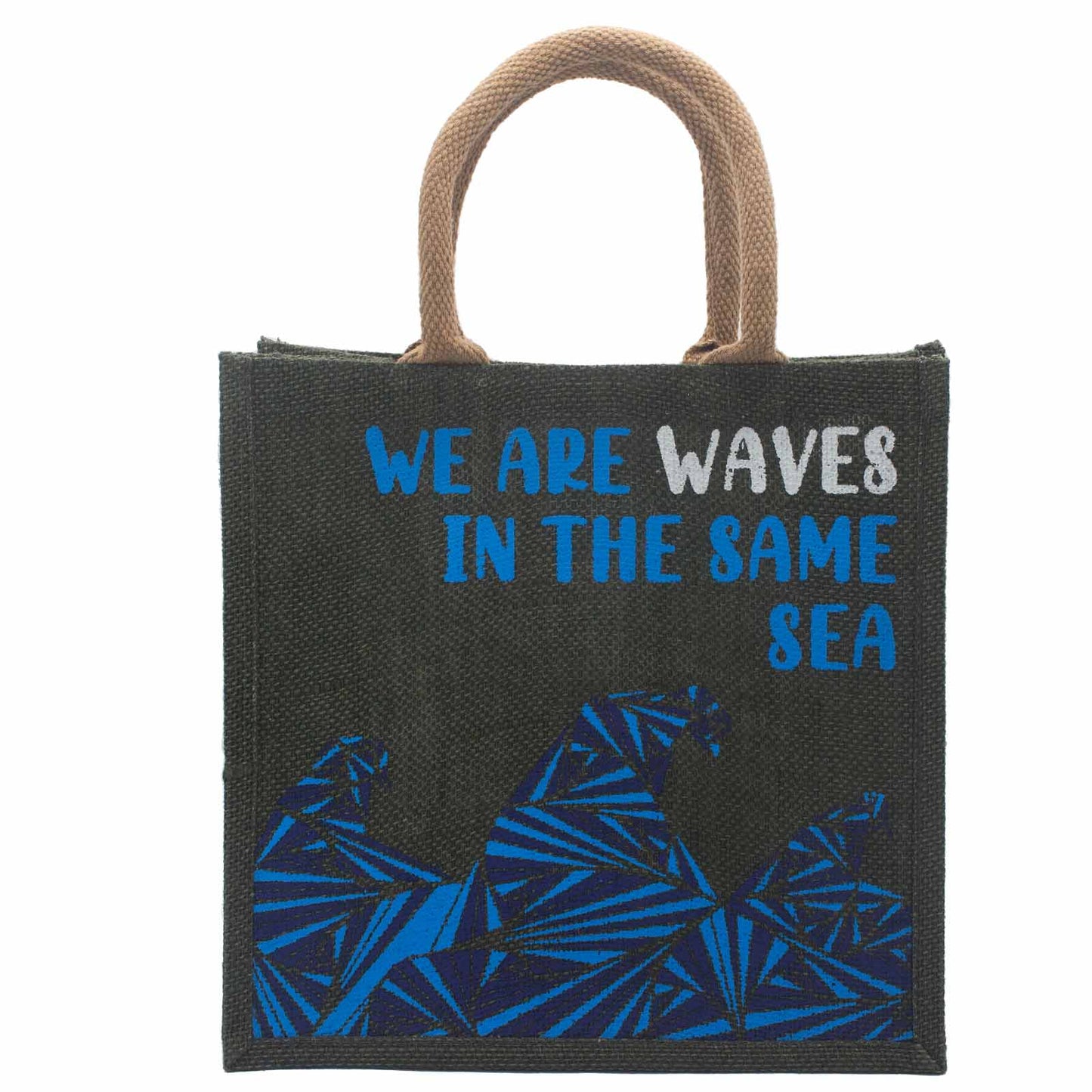 Bedruckter Jutebeutel - We are waves - Grau, Blau und Natur