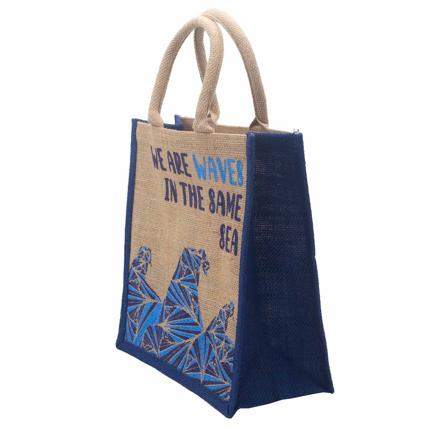 Bedruckter Jutebeutel - We are waves - Grau, Blau und Natur