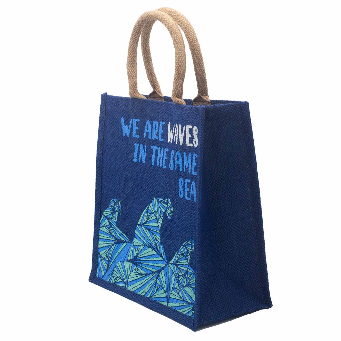 Bedruckter Jutebeutel - We are waves - Grau, Blau und Natur