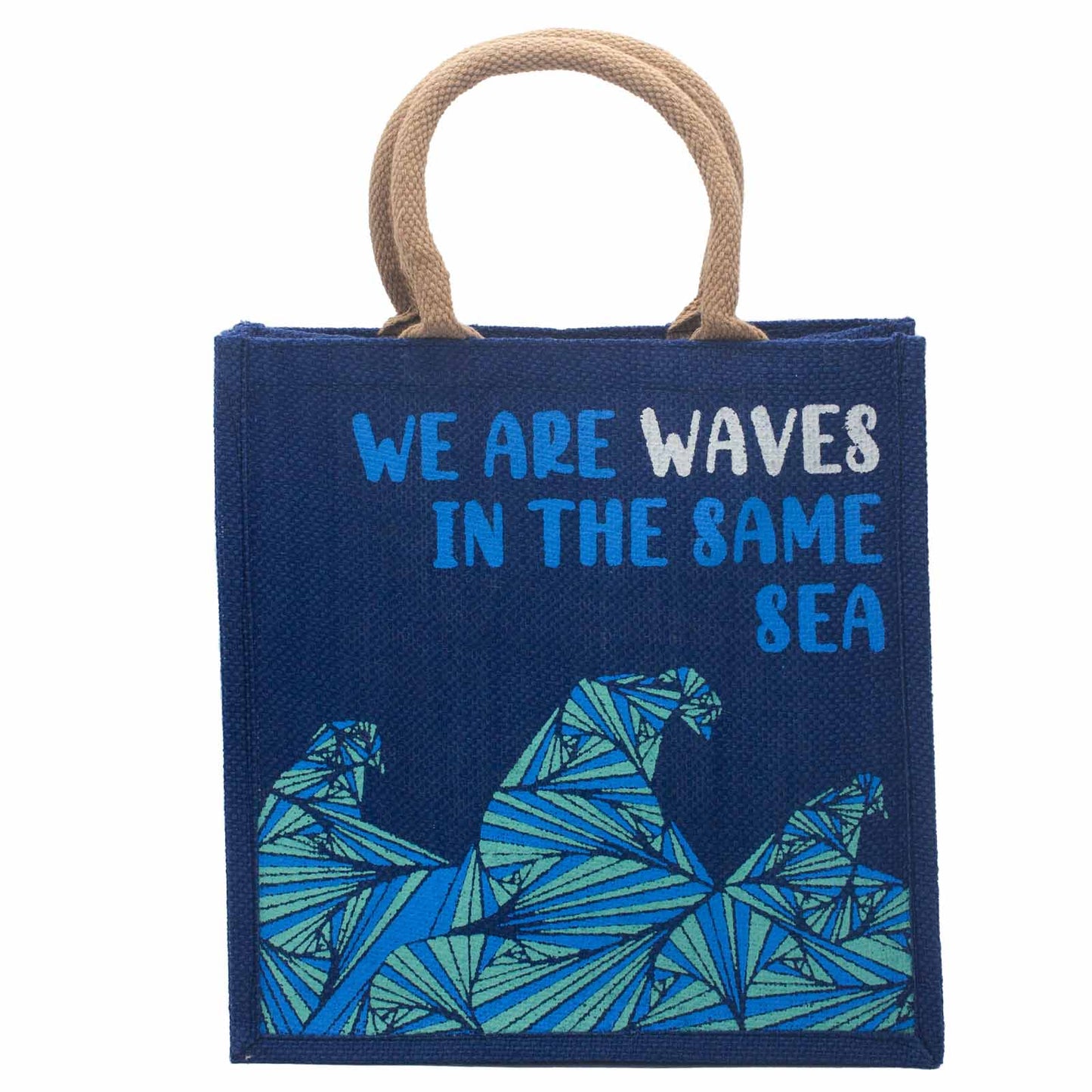 Bedruckter Jutebeutel - We are waves - Grau, Blau und Natur