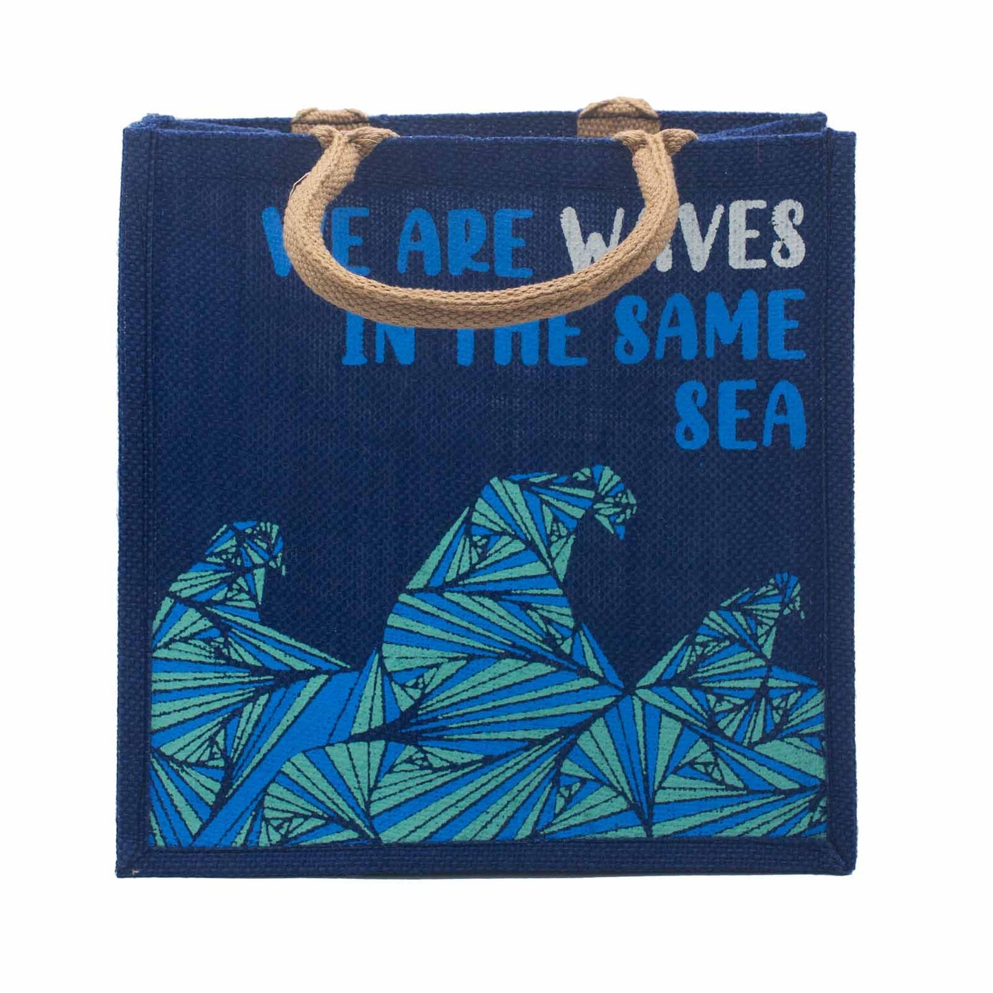 Bedruckter Jutebeutel - We are waves - Grau, Blau und Natur