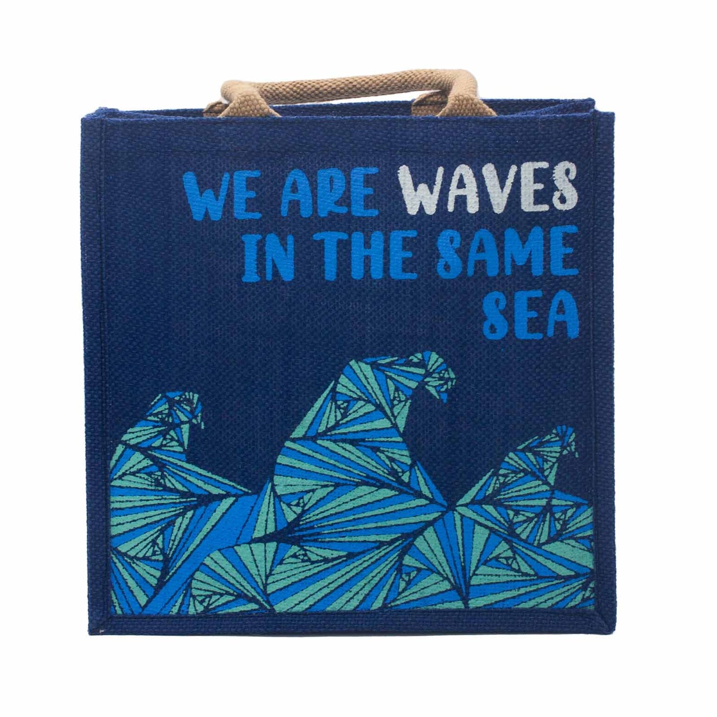 Bedruckter Jutebeutel - We are waves - Grau, Blau und Natur