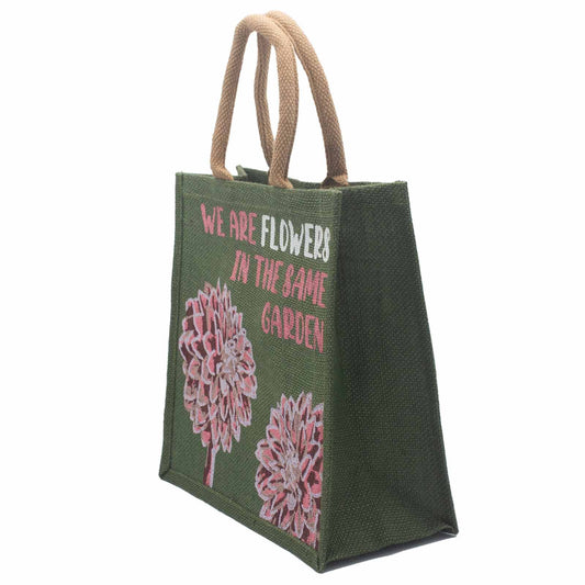 Bedruckter Jutebeutel - We are flowers - Oliv, Pink und Natur