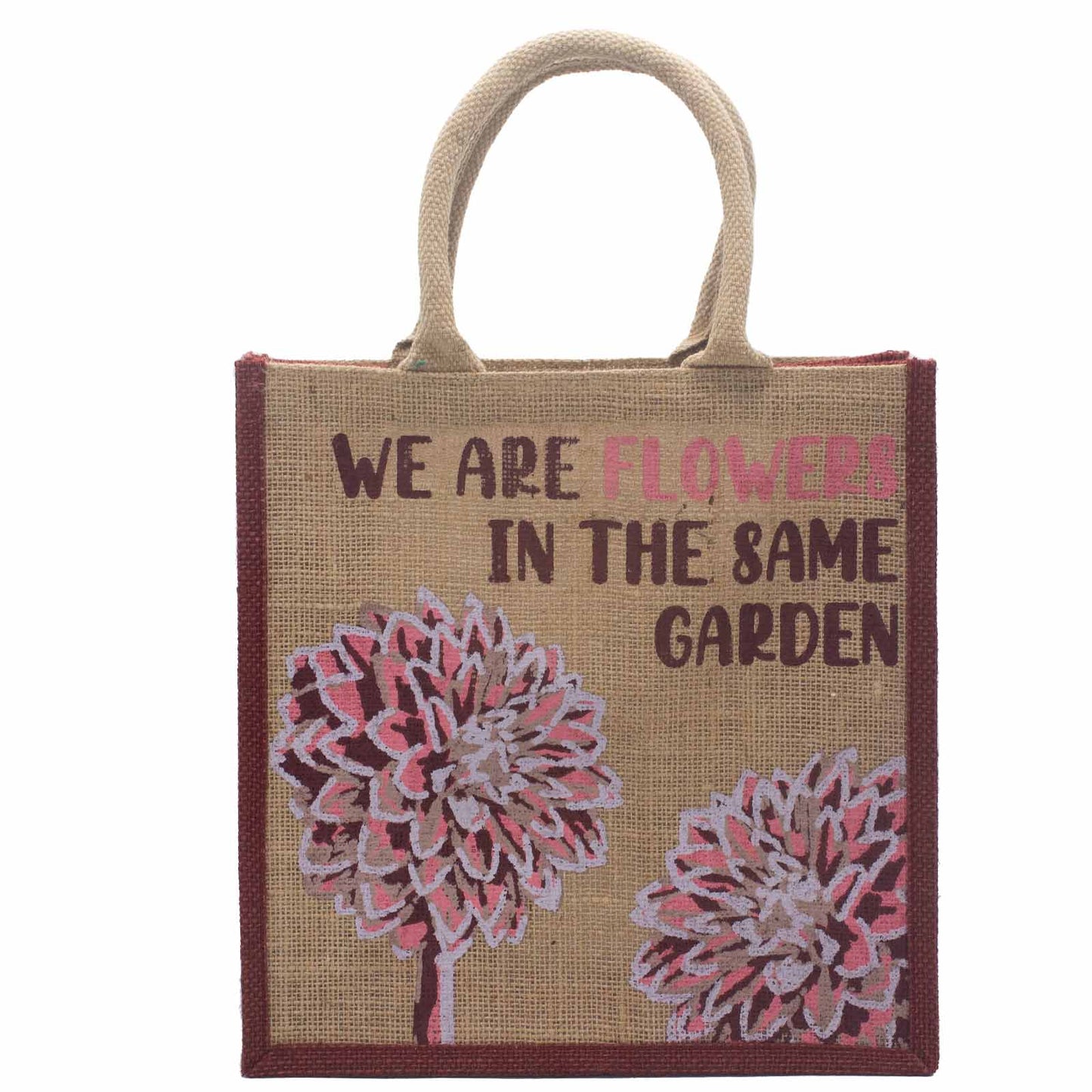 bolsa de yute estampada - Somos flores - Oliva, Rosa y Natural