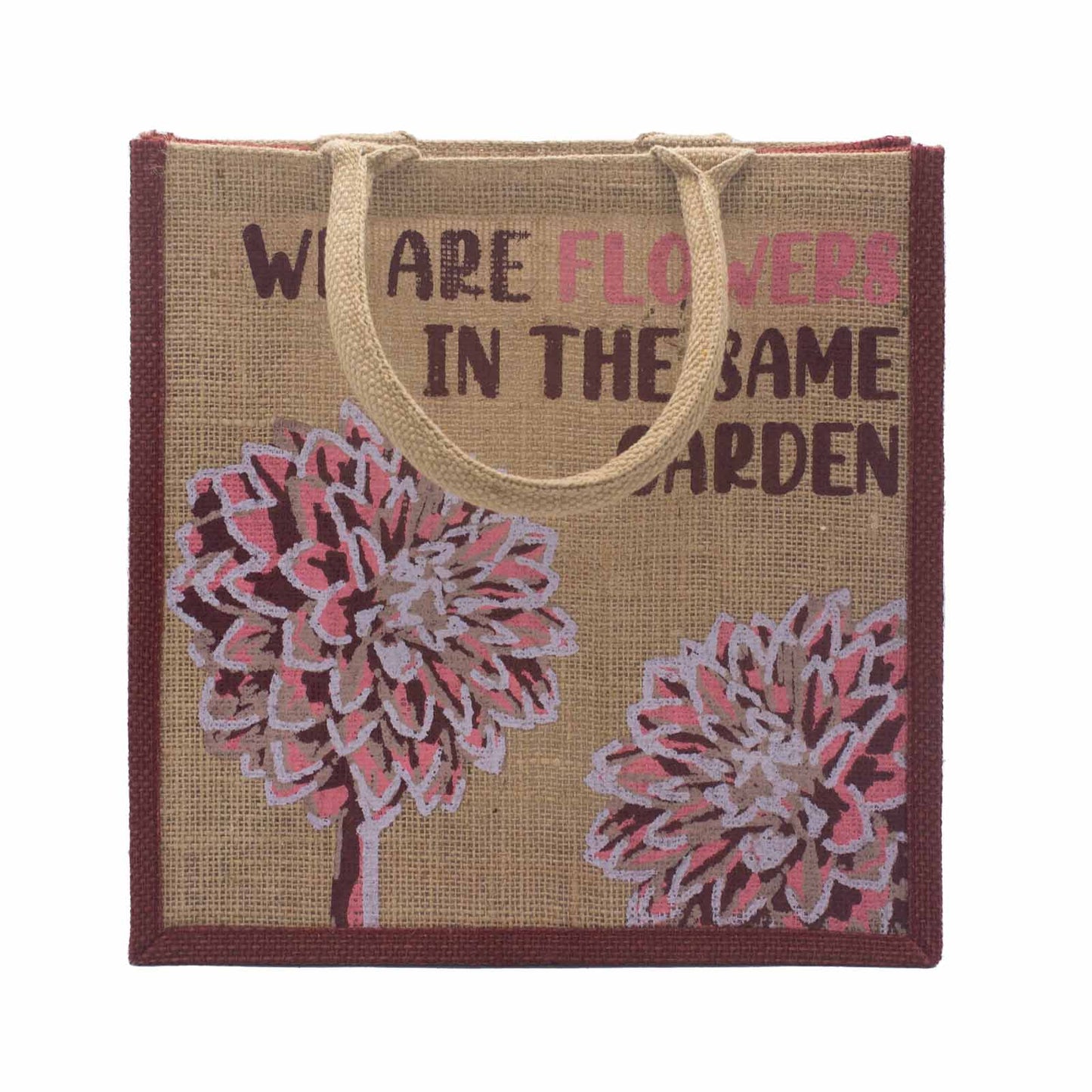 bolsa de yute estampada - Somos flores - Oliva, Rosa y Natural