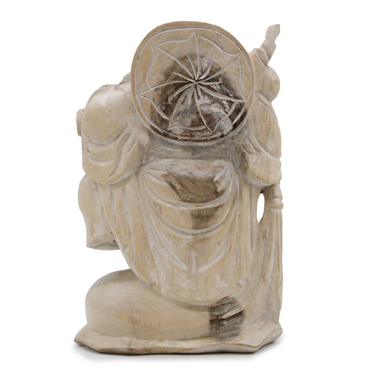 Bouddha heureux en bois - Blanchi à la chaux 30 cm