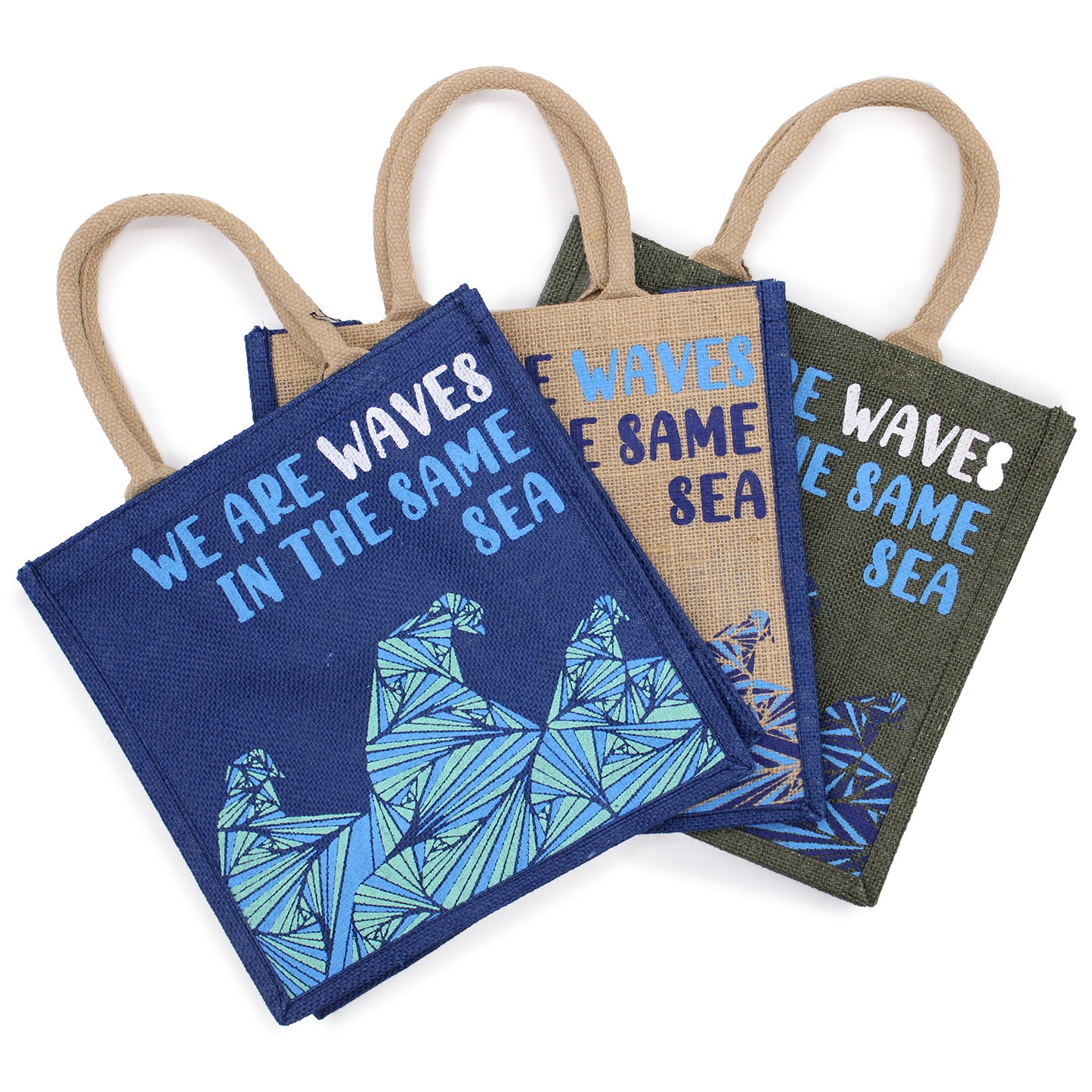 Bedruckter Jutebeutel - We are waves - Grau, Blau und Natur