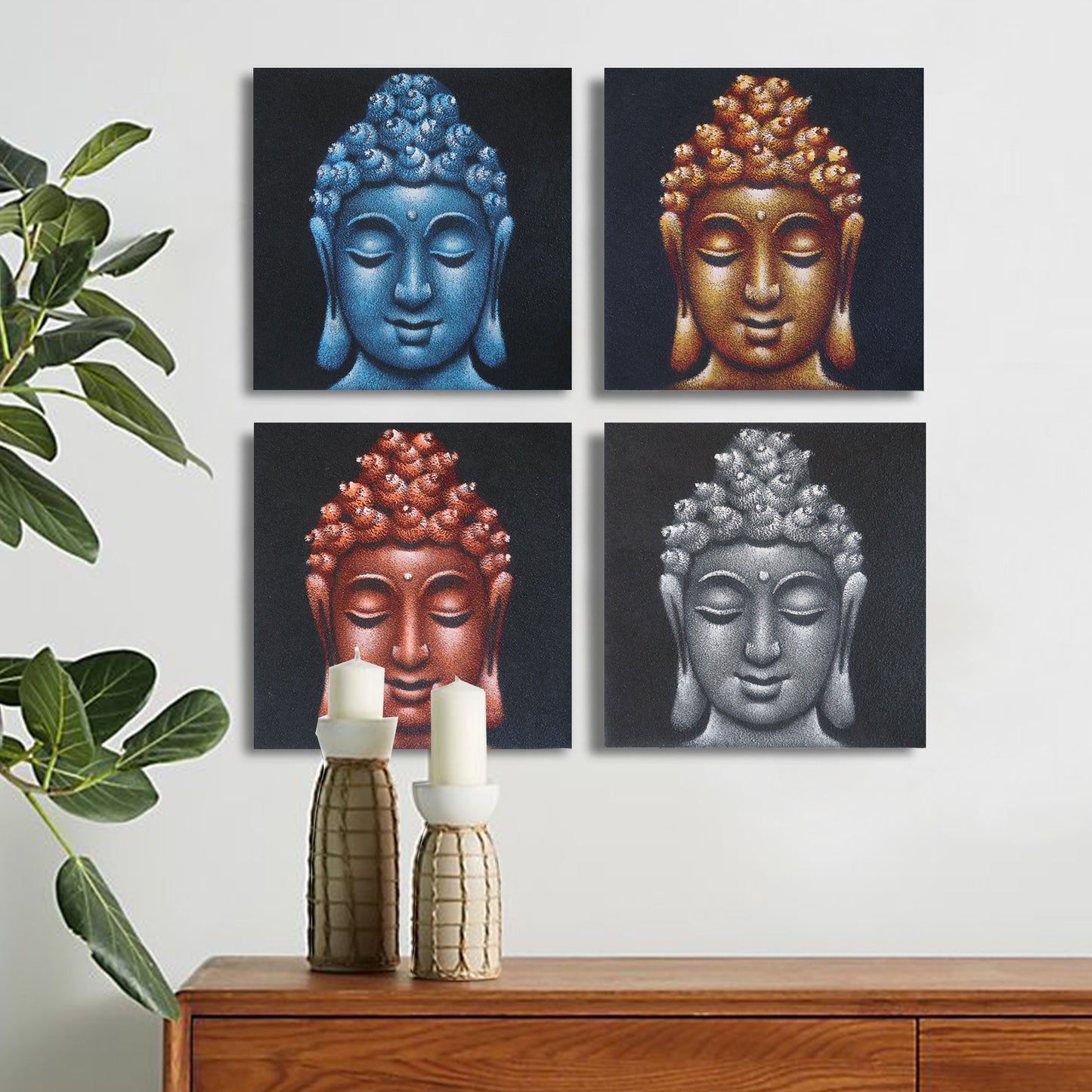 Lot de 4 têtes de Bouddha en sable 40 x 40 cm