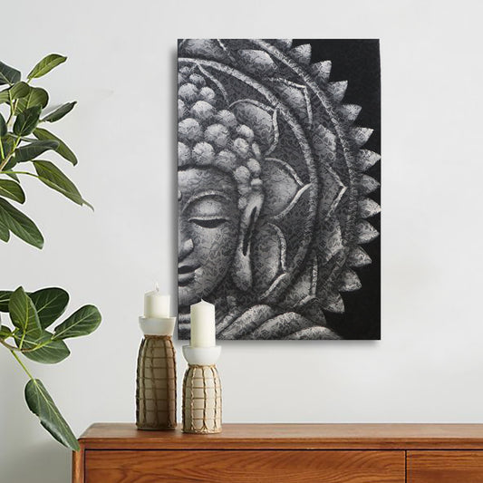 Graues Buddha-Halbmandala 60x80cm