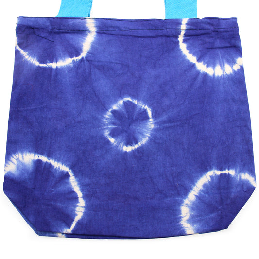 Naturbaumwolltasche mit „Tie Dye“-Design (220 g) – 38 x 42 x 12 cm – Blaue Ringe – Blauer Griff