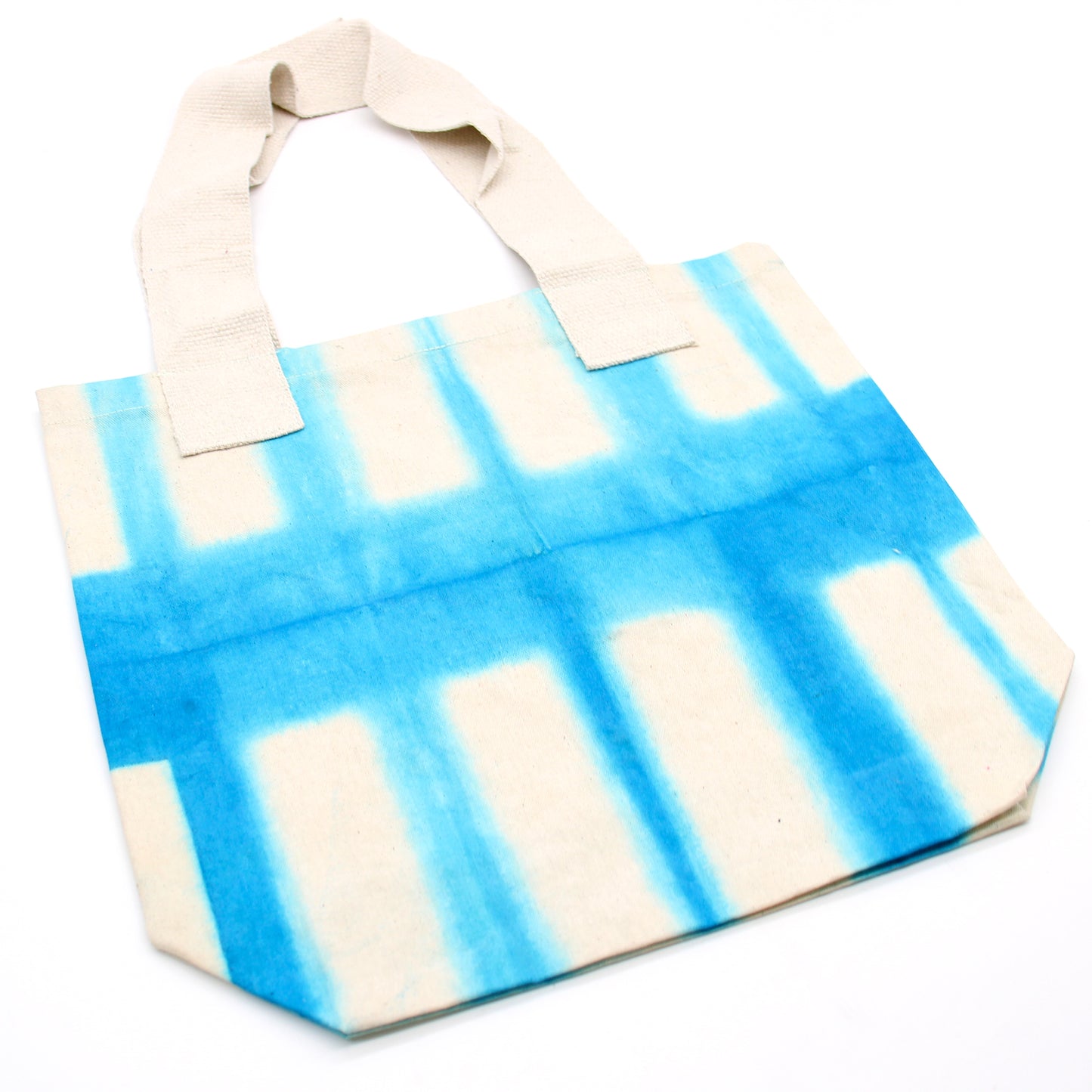 Naturbaumwolltasche mit „Tie Dye“-Design (220 g) – 38 x 42 x 12 cm – Hellblaue Rechtecke – Naturgriff