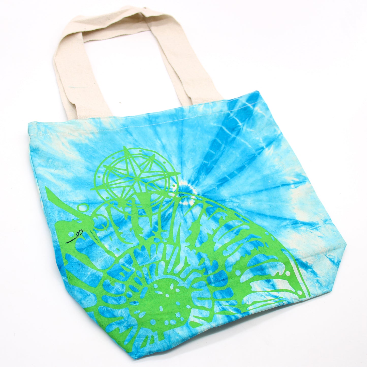 Sacs en coton tie-dye (170 g) - 38 x 42 x 12 cm - Coquillage - Bleu et vert - Poignée verte