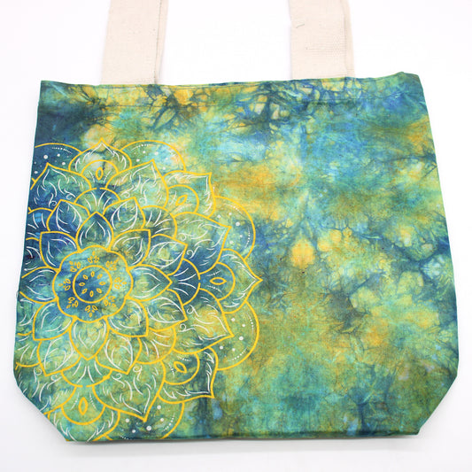 Sacs en coton tie-dye (170 g) - 38 x 42 x 12 cm - Mandala - Vert et bleu - Anse naturelle