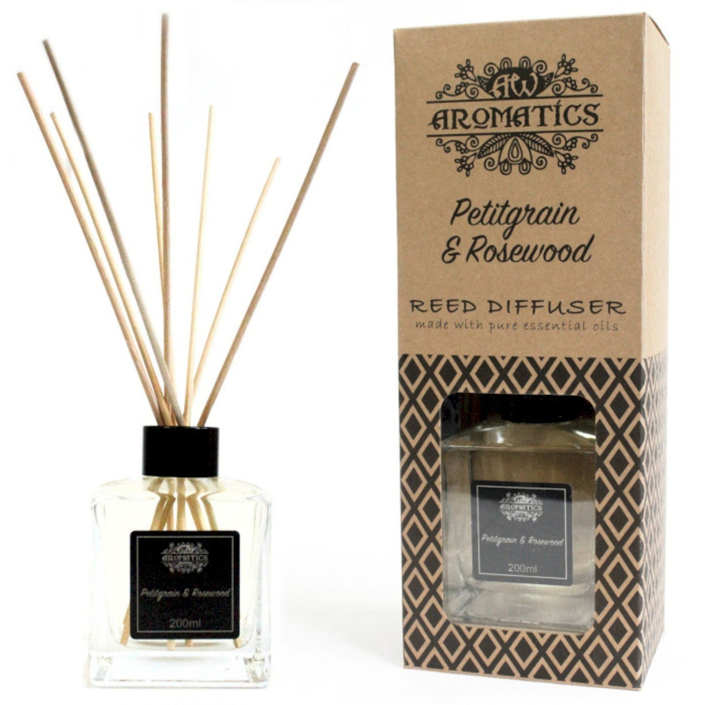 Rattanstäbchen-Diffusor mit ätherischen Ölen – Petitgrain und Rosenholz