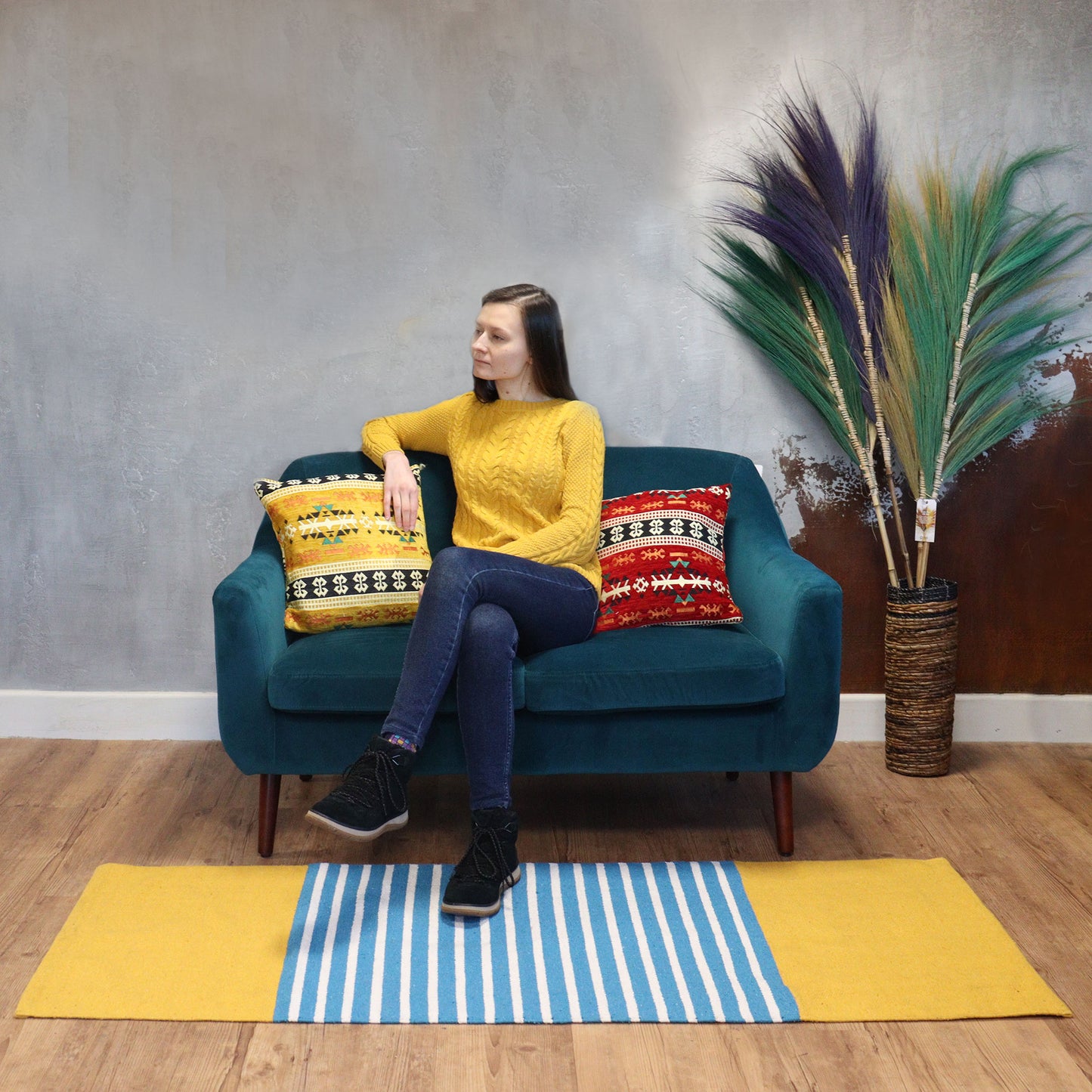 Indischer Baumwollteppich – 70 x 170 cm – Gelb/Blau