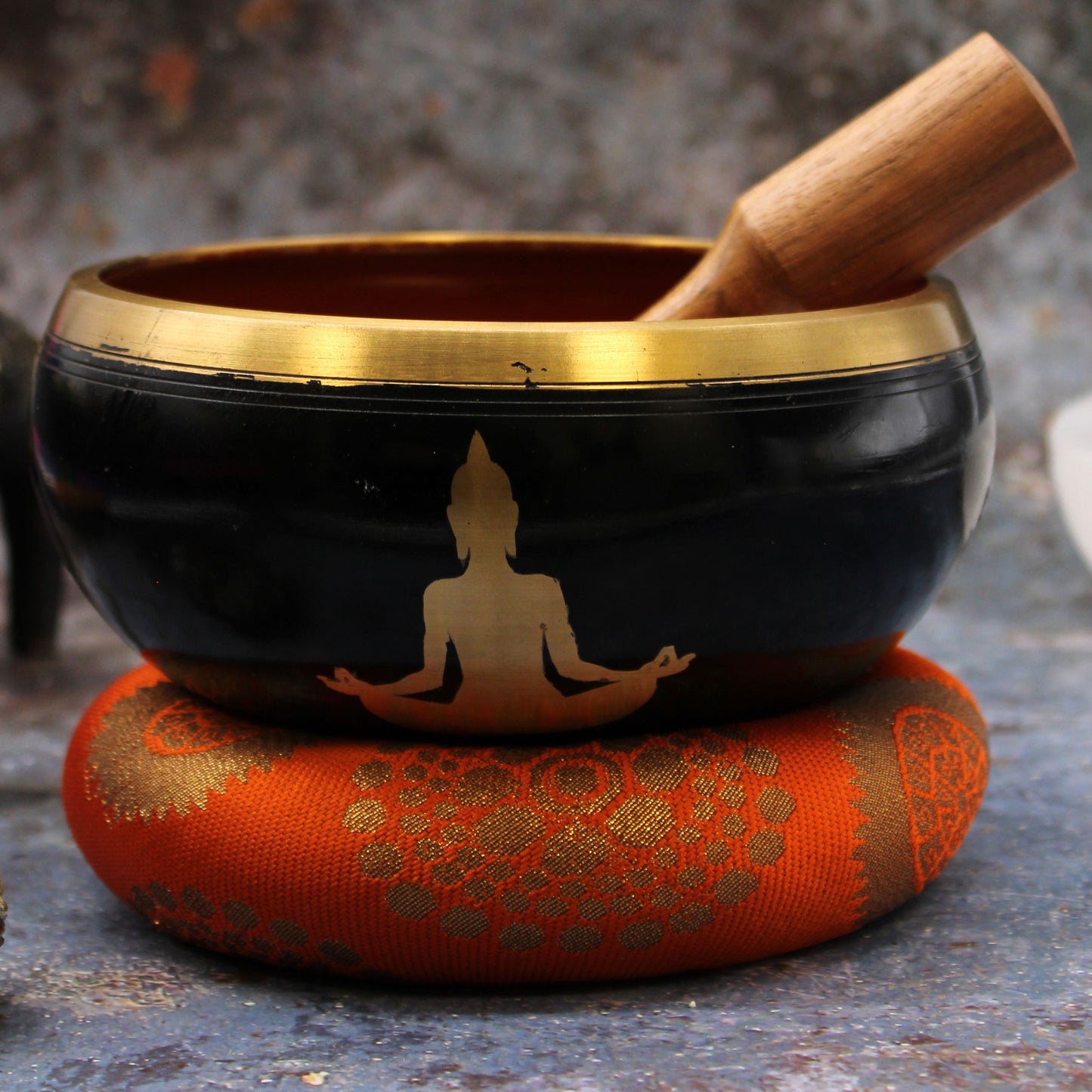 Grand ensemble de bols chantants tibétains - Bouddha - Noir/Orange 14 cm