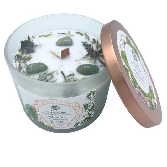 Bougie en pierres précieuses patchouli et aventurine verte - Bonne chance