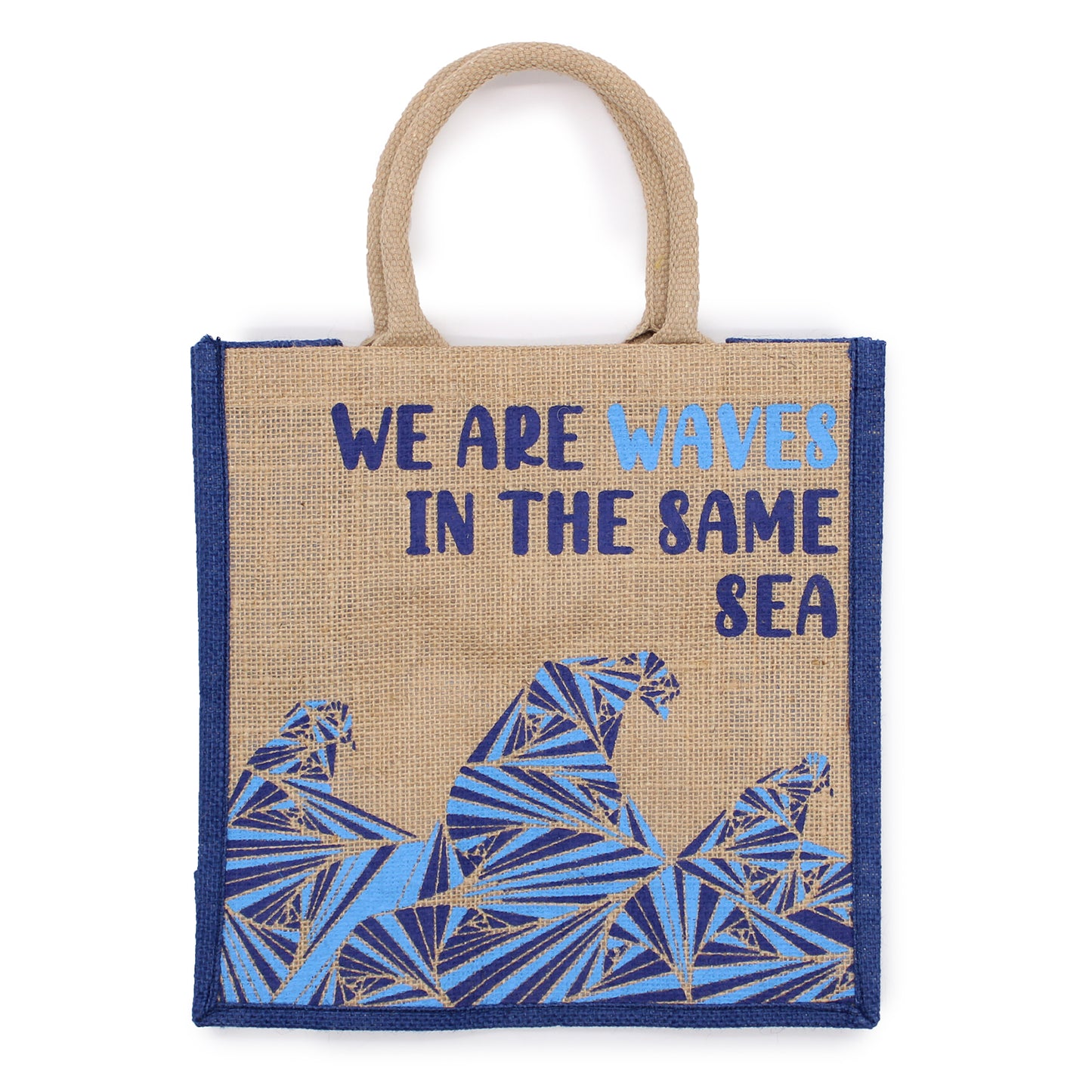 Bedruckter Jutebeutel - We are waves - Grau, Blau und Natur