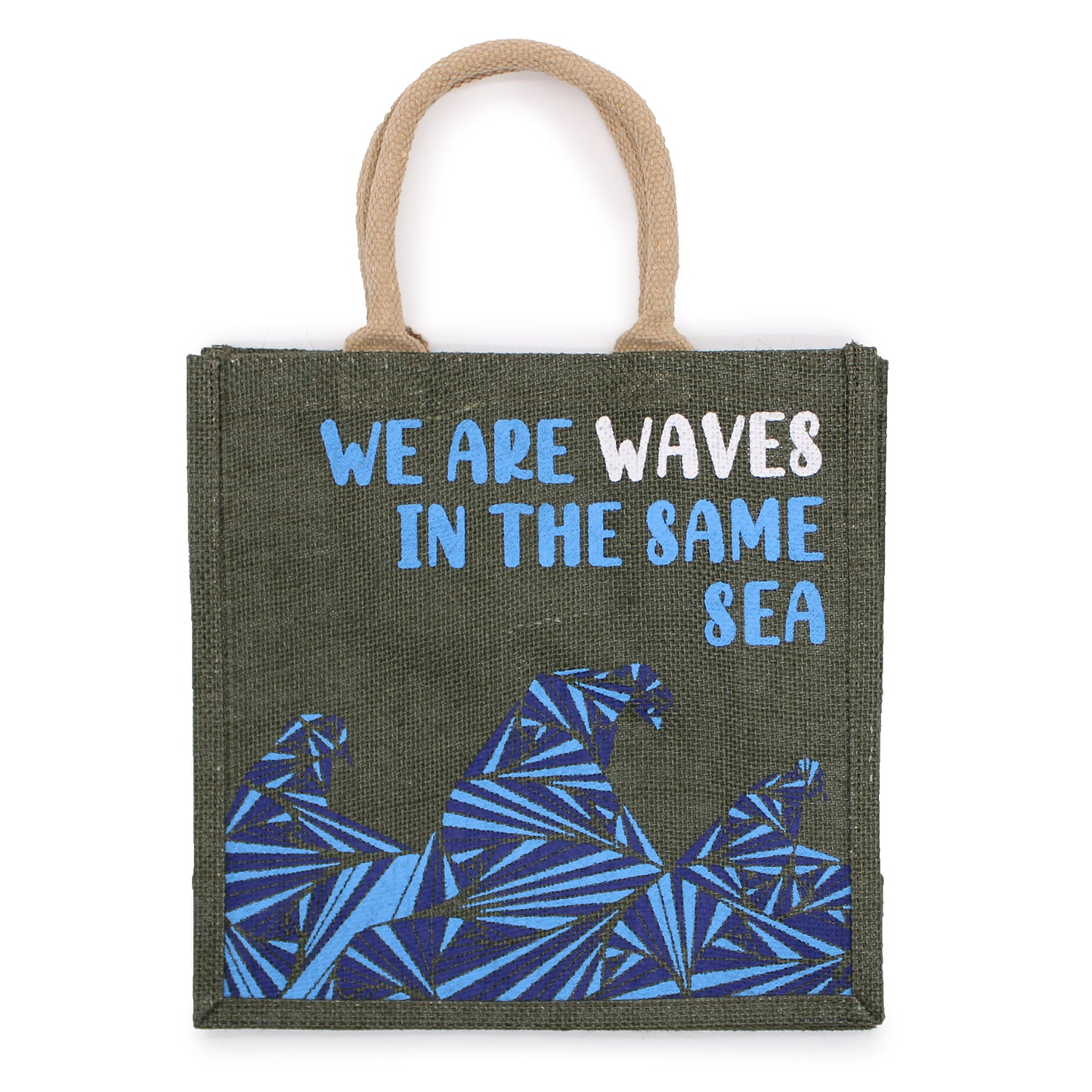 Bedruckter Jutebeutel - We are waves - Grau, Blau und Natur