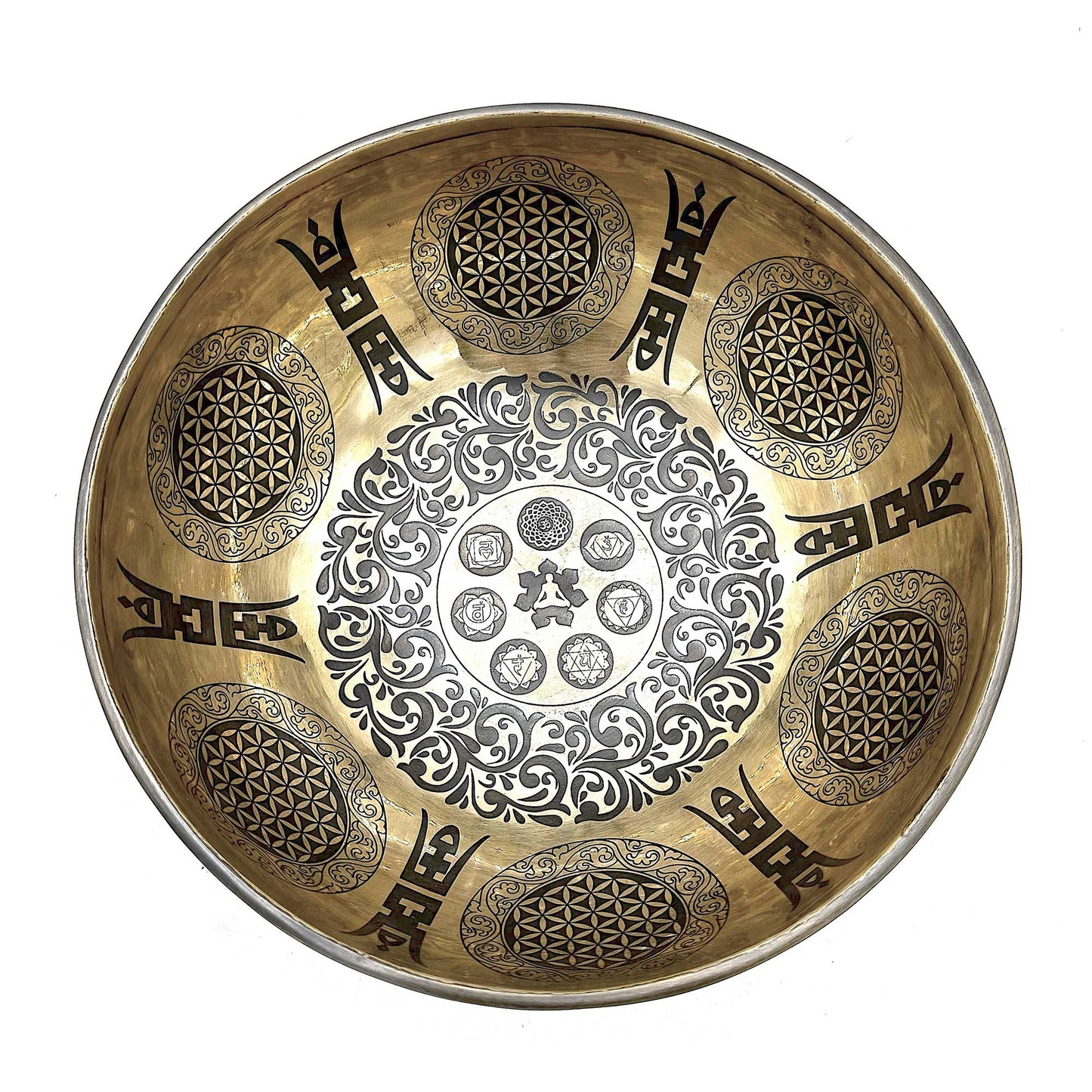 Gravierte heilende tibetische Klangschale – 21 cm – 5 Buddhas