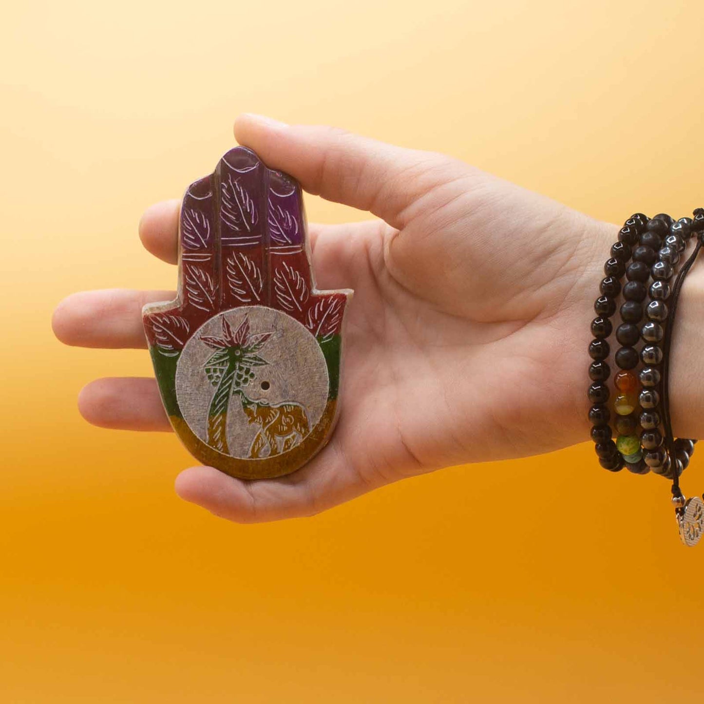 Speckstein Hamsa Räucherstäbchenhalter 9x6cm - Elefant und Palme