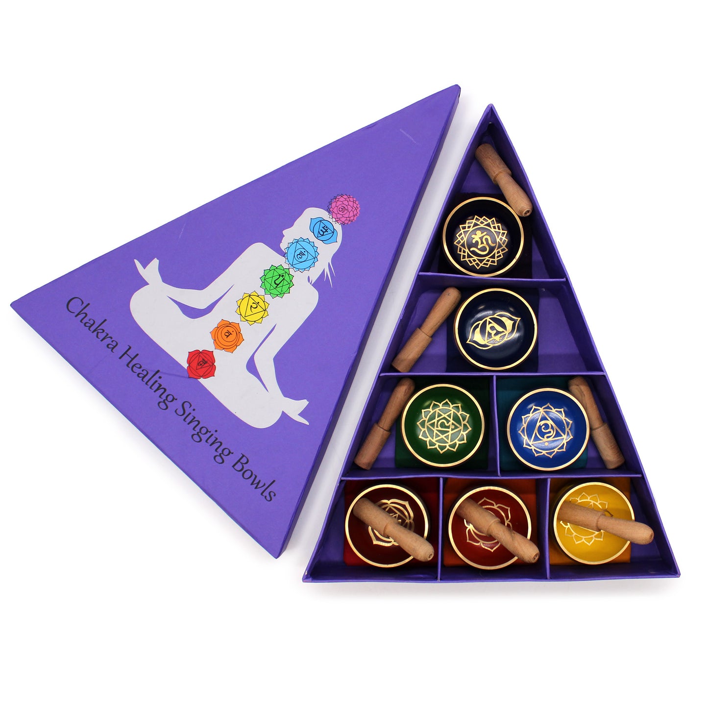 Coffret cadeau de bols chantants tibétains avec pyramide des chakras