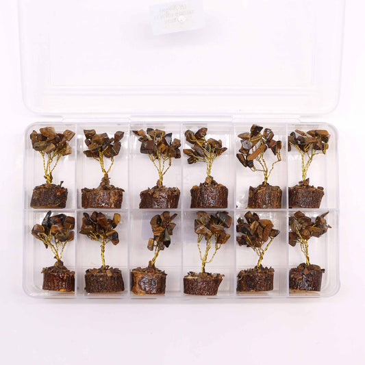Mini arbre à pierres précieuses sur socle en bois - Oeil de tigre (15 pierres)