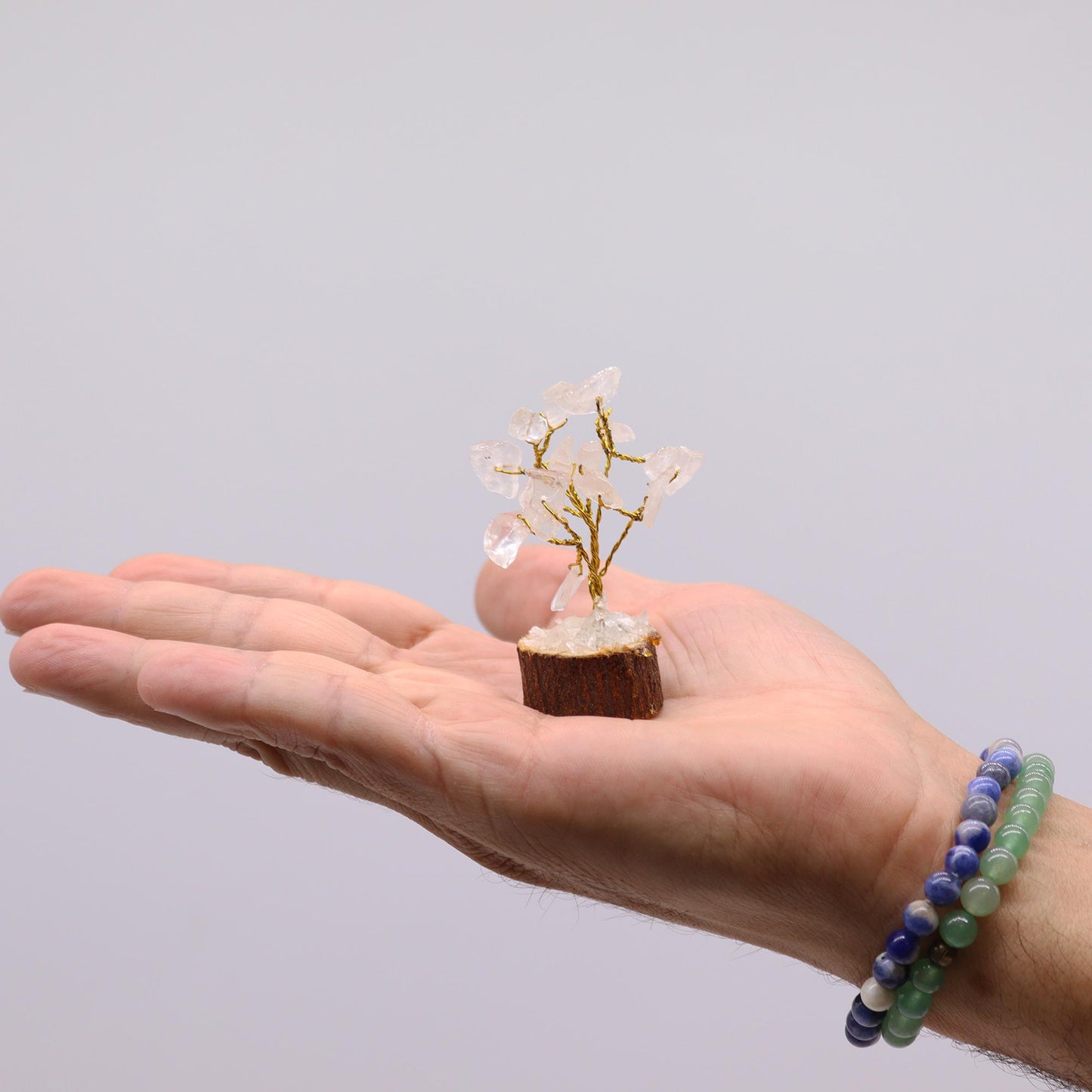 Mini-Edelsteinbaum auf Holzsockel - Bergquarz (15 Steine)