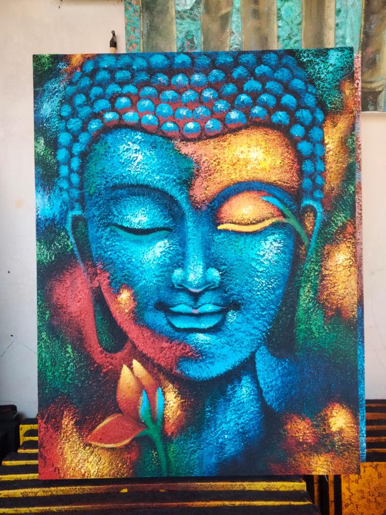 Pintura de Buda - Flor azul y dorada