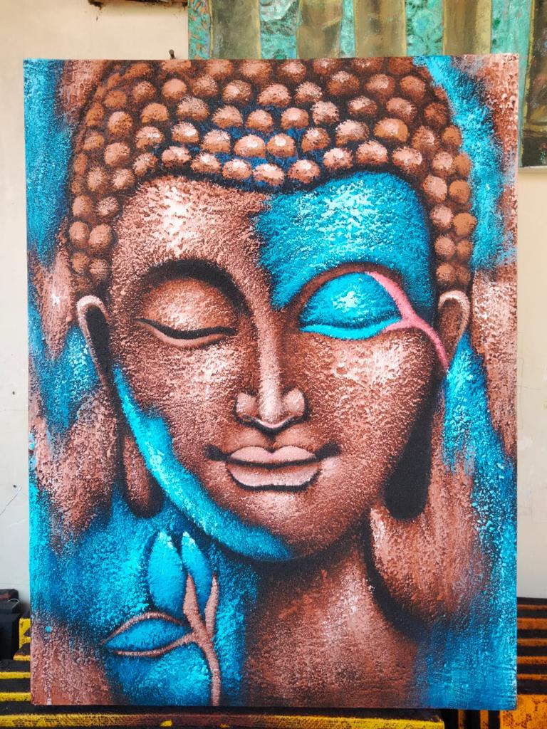 Pintura de Buda - Flor Bronce y Azul