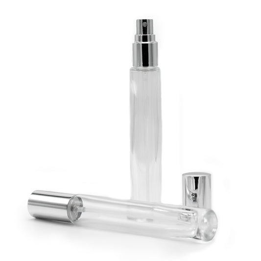 Flacon rond et fin de 10 ml, vaporisateur et bouchon argentés