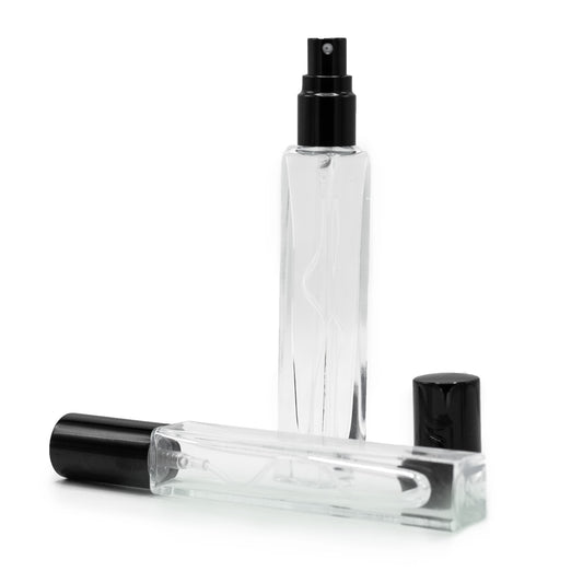 Flacon carré haut et fin de 10 ml, vaporisateur et bouchon noirs