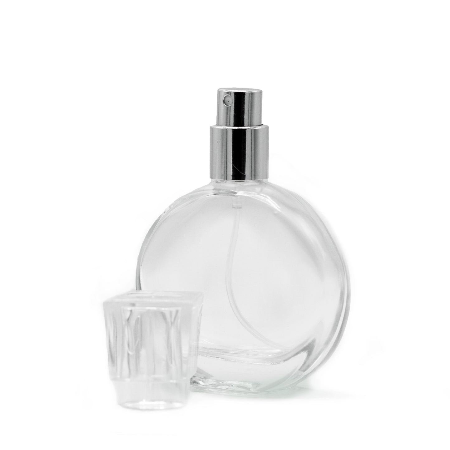 Flacon ovale de 30 ml, spray argenté et bouchon en verre