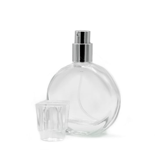 Flacon ovale de 30 ml, spray argenté et bouchon en verre