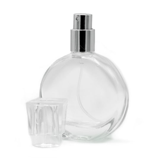 Flacon ovale de 50 ml, spray argenté et bouchon en verre