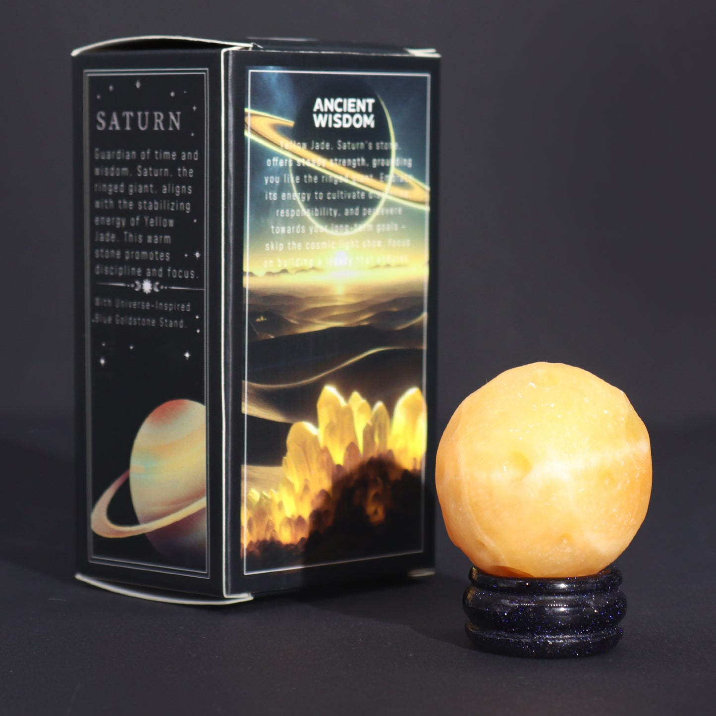 1x Gelber Jadeplanet mit Solarständer (SATURN) - 40mm