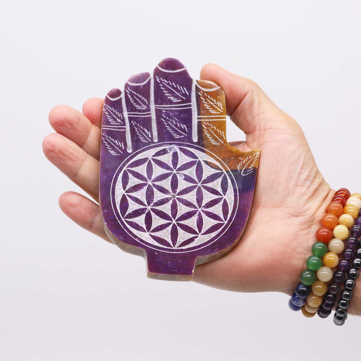 Porte-encens en stéatite Hamsa de taille moyenne (13 x 9 cm) – Fleur de vie