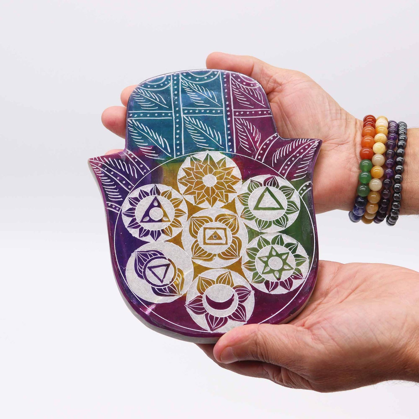 Großer Hamsa-Räucherstäbchenhalter 18 x 15 x 1,2 cm – 7 Chakra