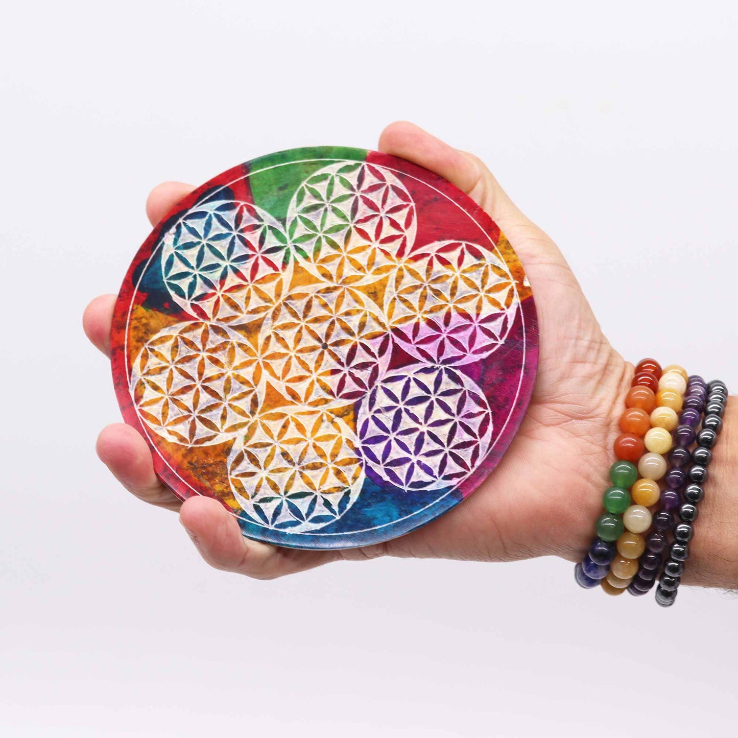 Specksteinscheiben-Räucherstäbchenhalter 12cm - 7 Blumen des Lebens