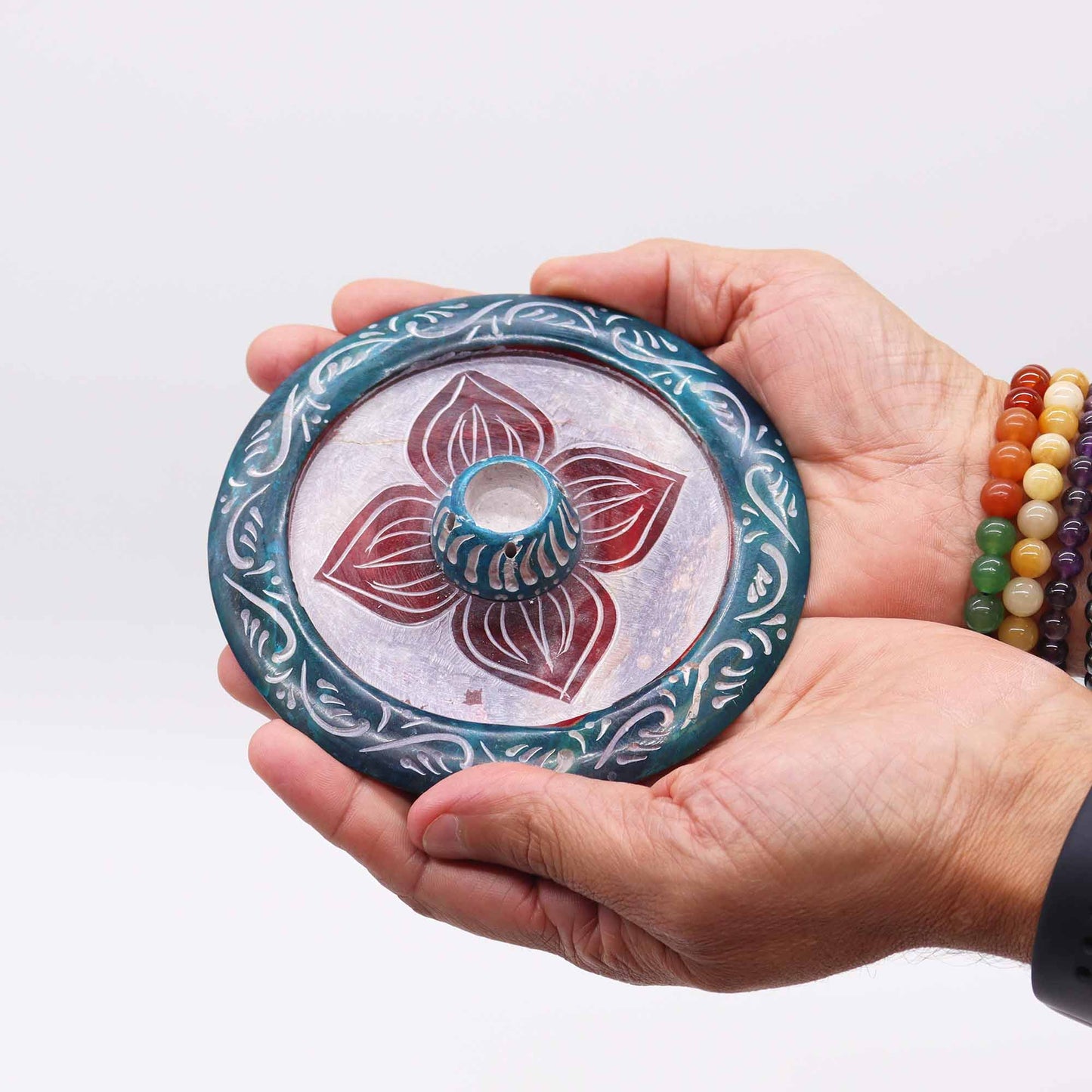 Porte-encens en forme de disque en stéatite 12 cm - Quatre pétales (cône et porte-encens)