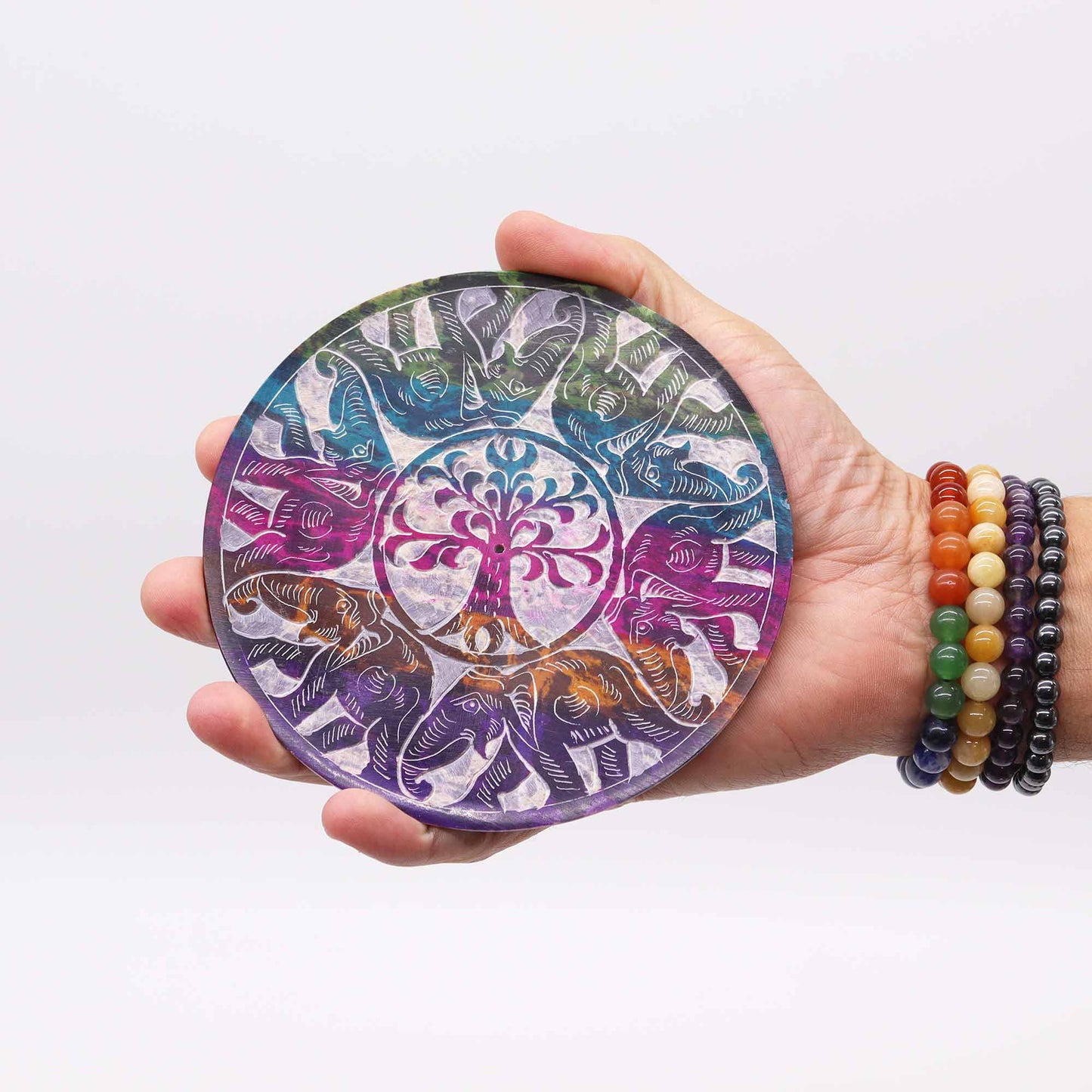 Räucherstäbchenhalter aus Speckstein, 12 cm, 6 Glückselefanten