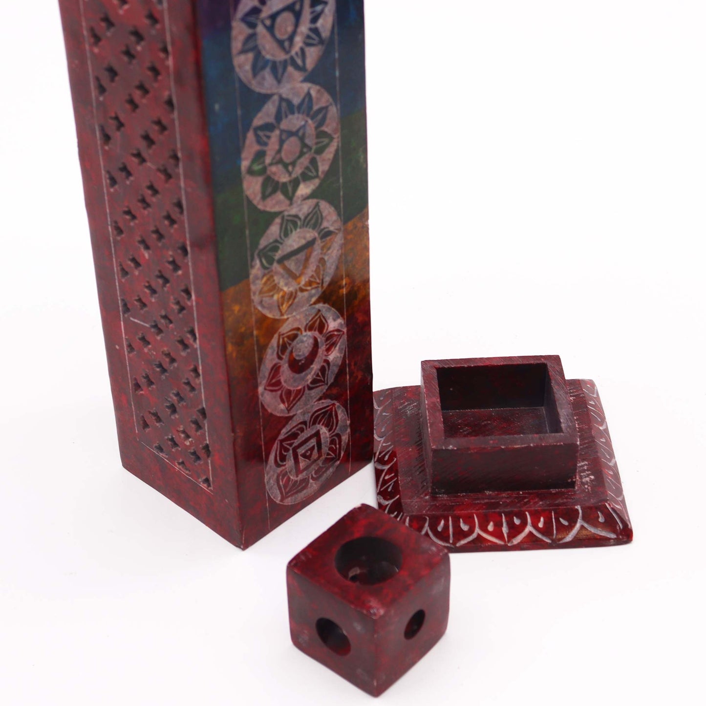 Quadratischer Specksteinturm-Räucherstäbchenhalter 25 cm - 7 Chakren