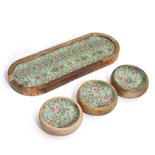 Mangoholztablett mit 3 Schalen - Mediterranes Fliesenmuster