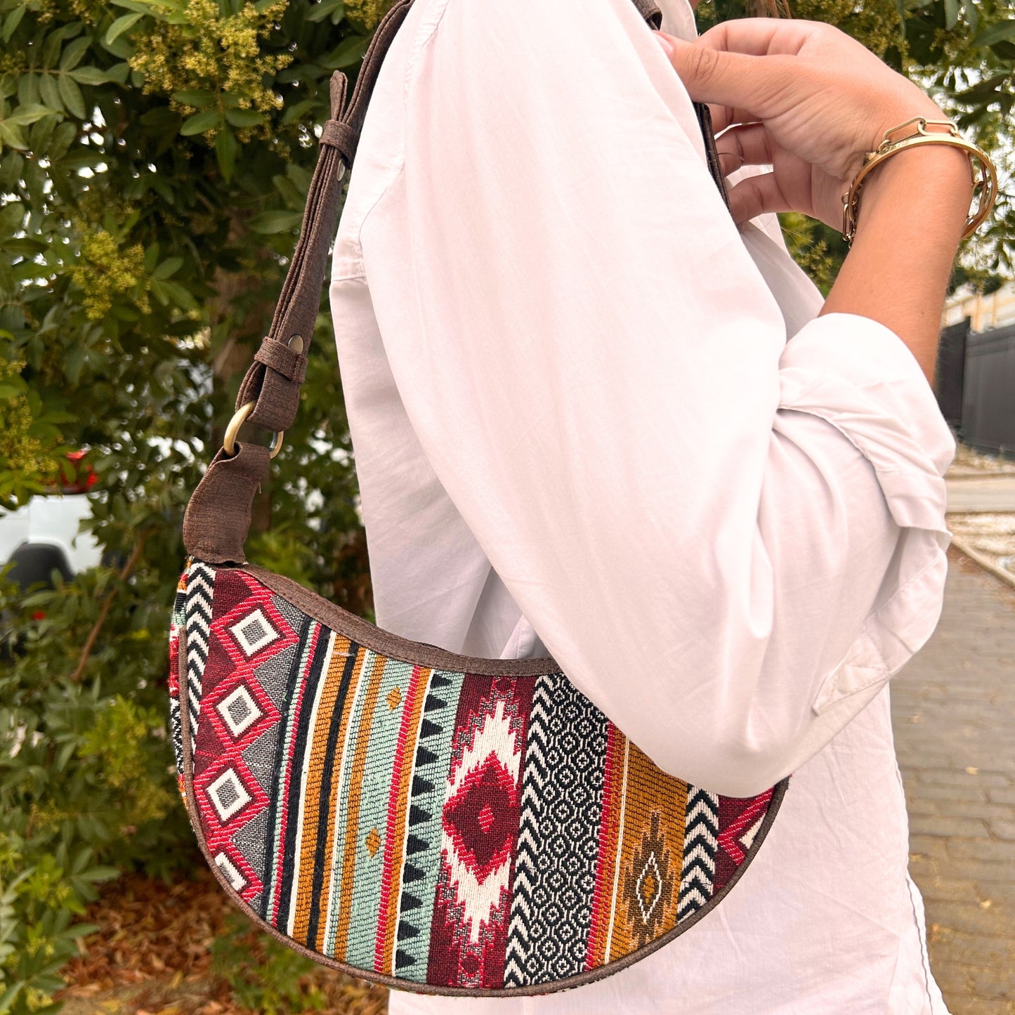 Sac hobo Jacquard - Tons marron foncé (bandoulière marron)